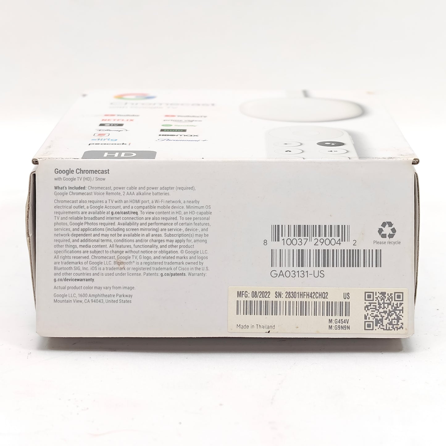 Google Chromecast Streaming Media Device White GA03131-US